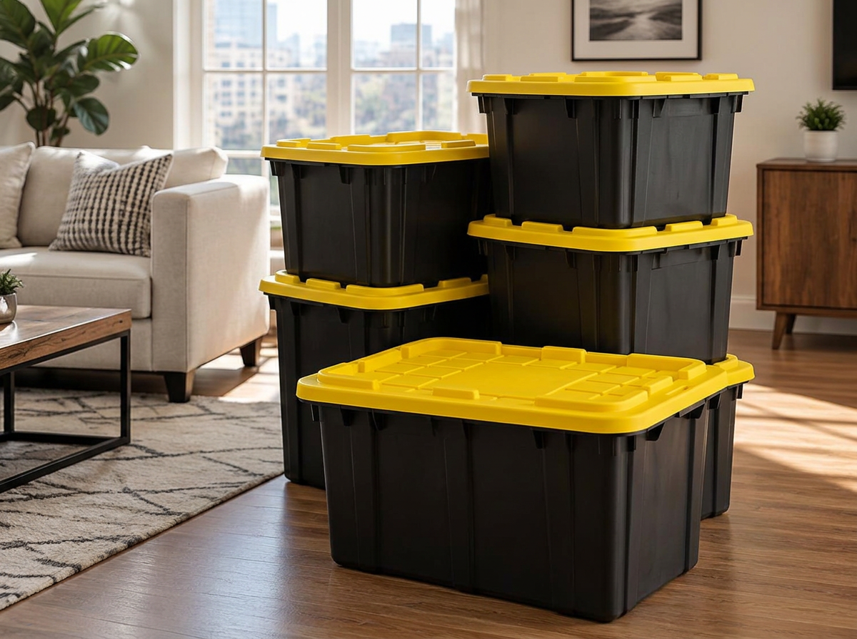 Stack of sturdy black reusable moving bins with yellow snap-on lids in a bright apartment